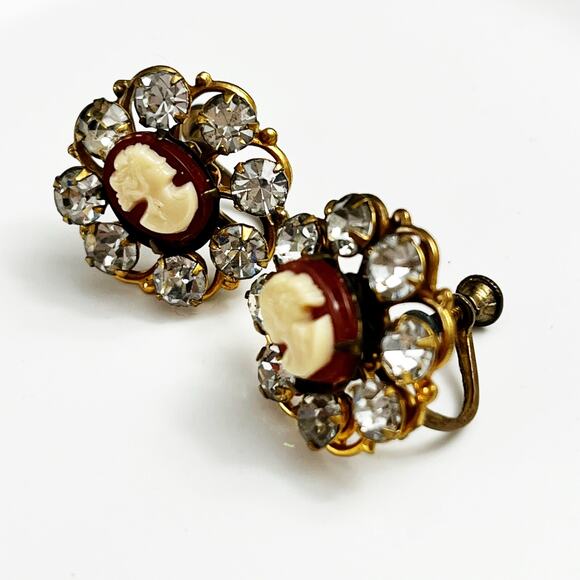 Cameo & Rhinestone Vintage Screw Back Earrings - Picture 3 of 6
